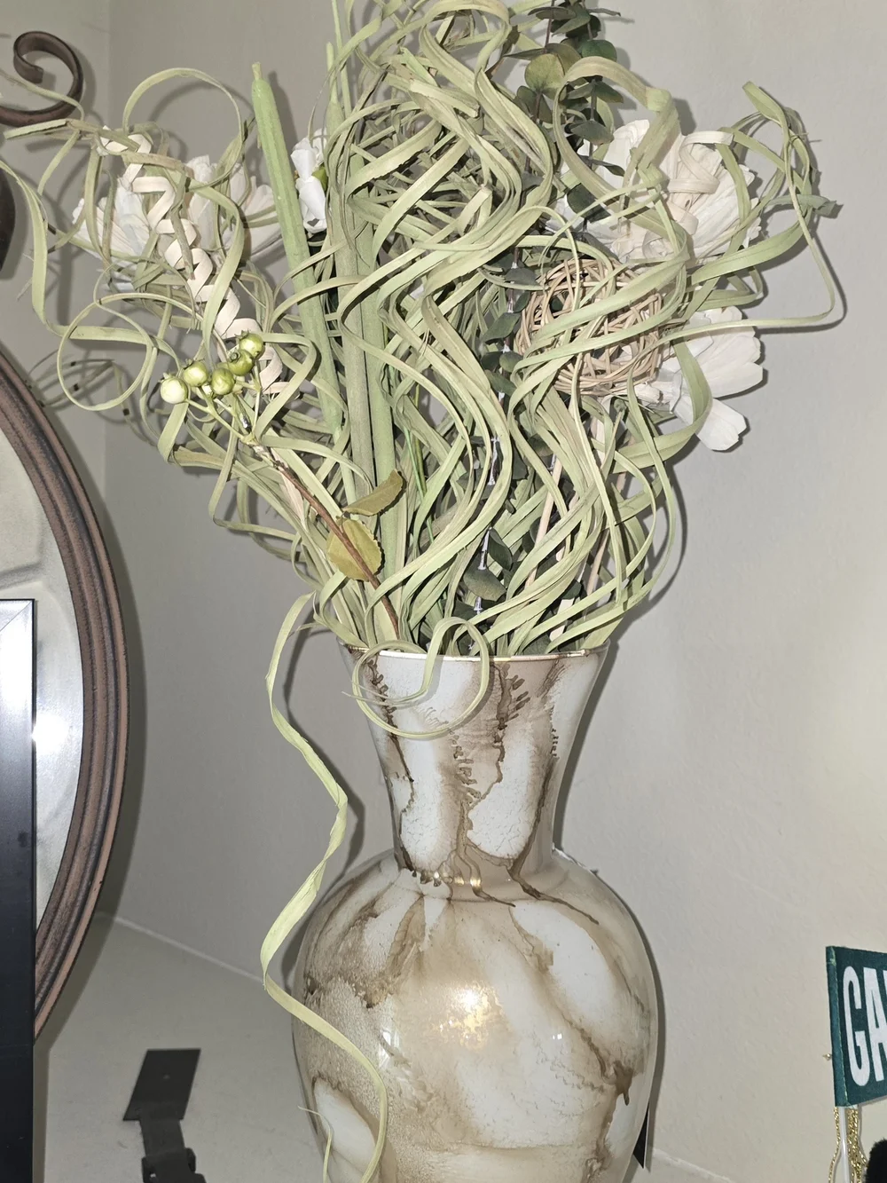 Marble-Effect Cream and Gold Decorative Vase with Faux Greenery